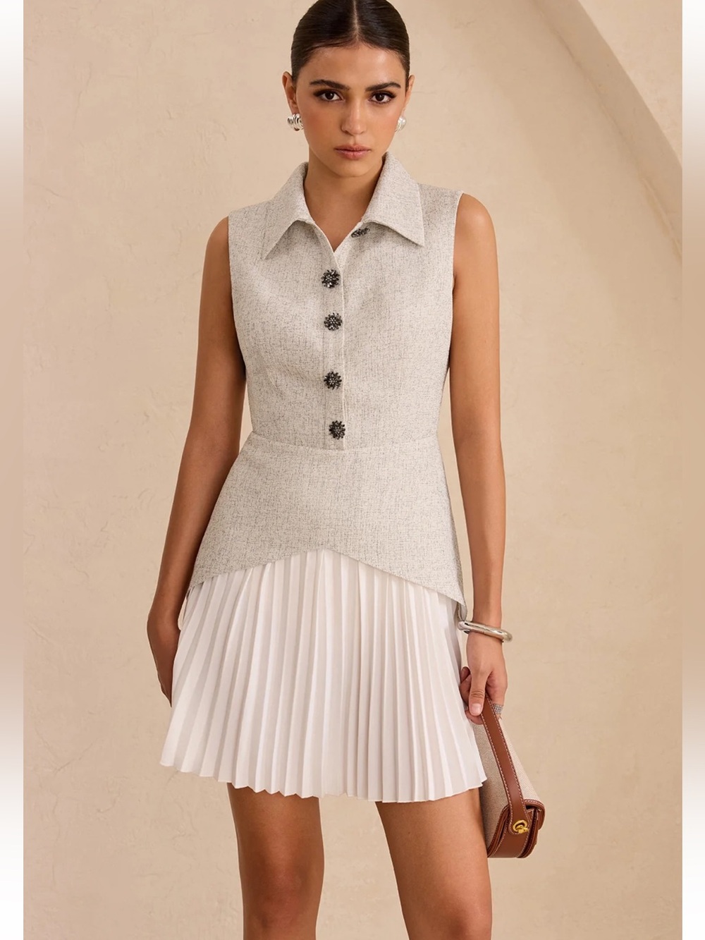 Commense Sleeveless Collared Top Panel Pleated Skirt Mini Dress Size Small NWT